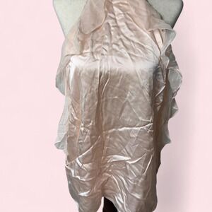 Pink halter choker neck silk dress with appliqué flowers and silk